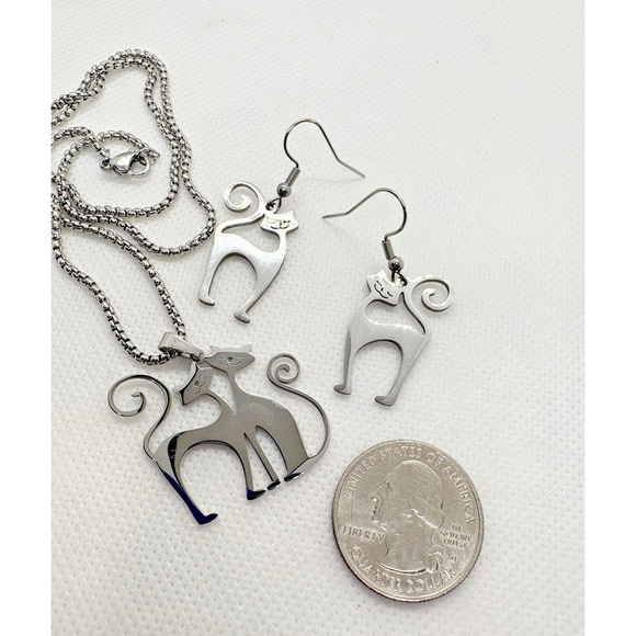Stainless Steel Cat Necklace & Earrings Set Silver Tone 17.5" Chain Modern - Picture 4 of 9
